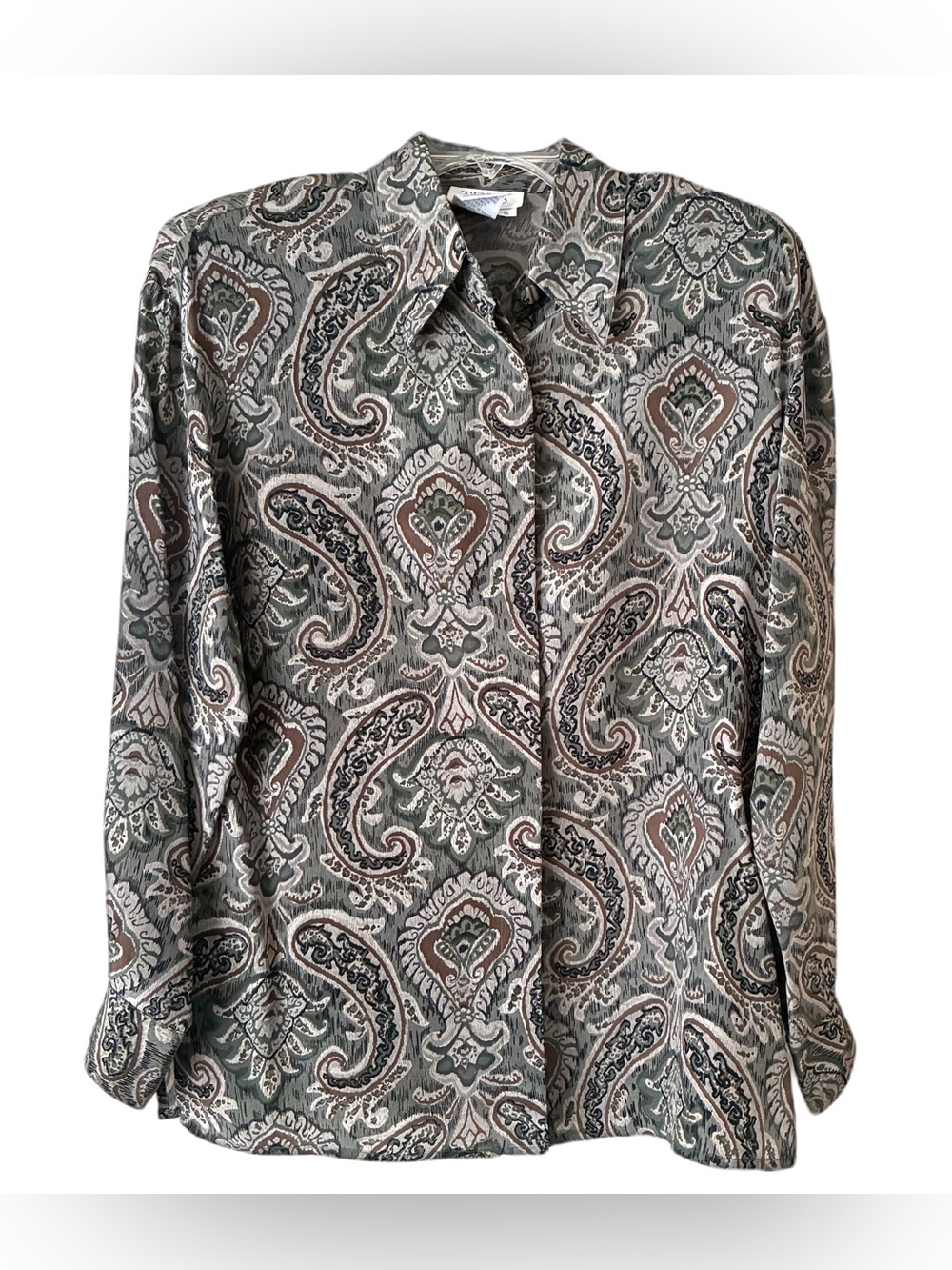 Tess Silk Blouse, Vintage, Sz. S, Green/Gray/Tan Paisley Print